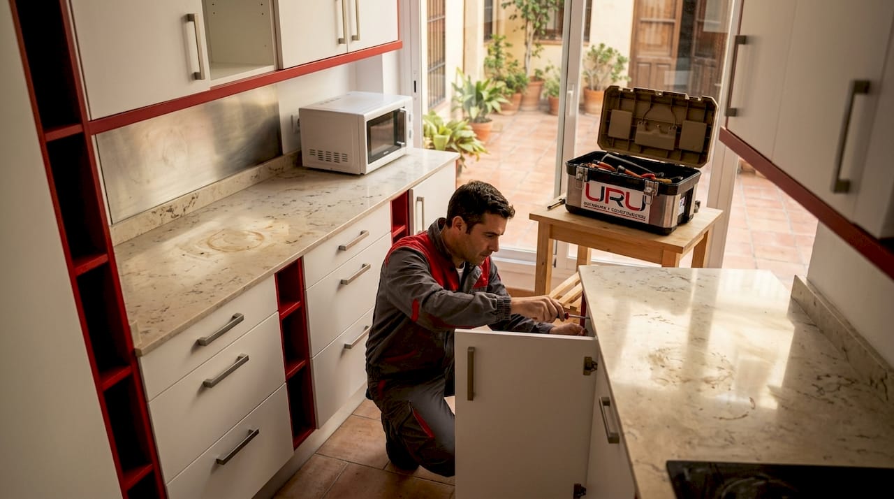 Un técnico realiza una revisión del módulo en la cocina de un apartamento.