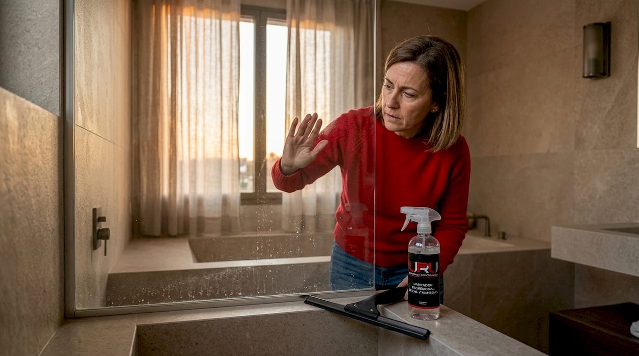 Propietario revisando los cristales de la ducha para ver si tienen manchas de cal.
