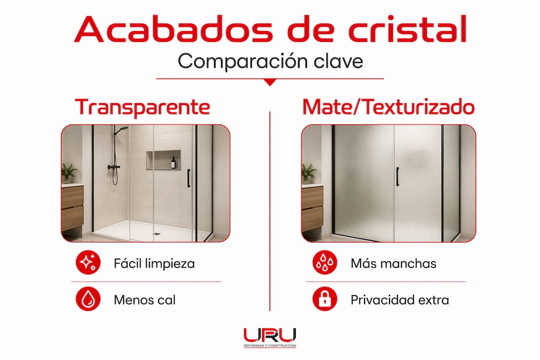 Infografía que muestra las diferencias entre los distintos acabados de vidrio para ducha