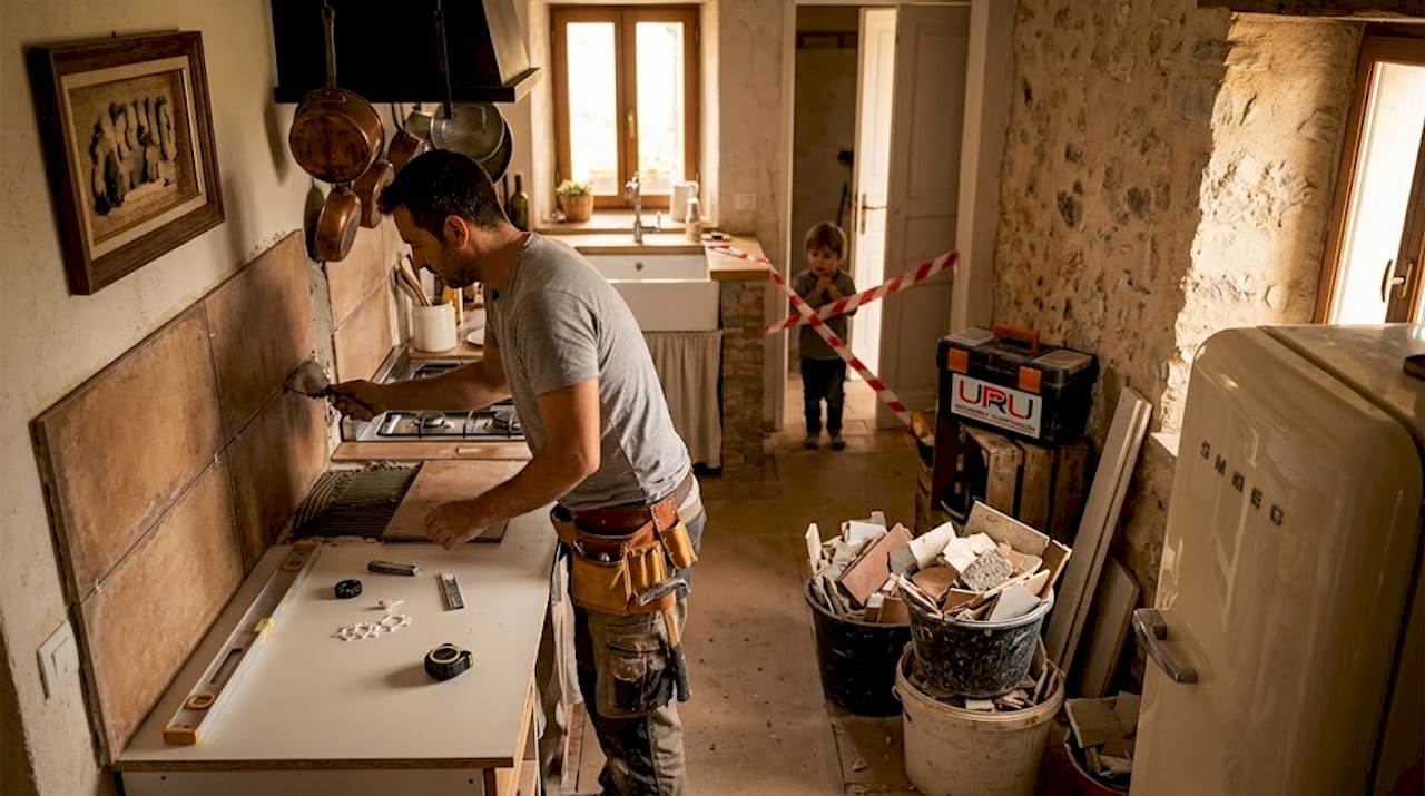 Un albañil coloca los azulejos en la cocina de una vivienda familiar.