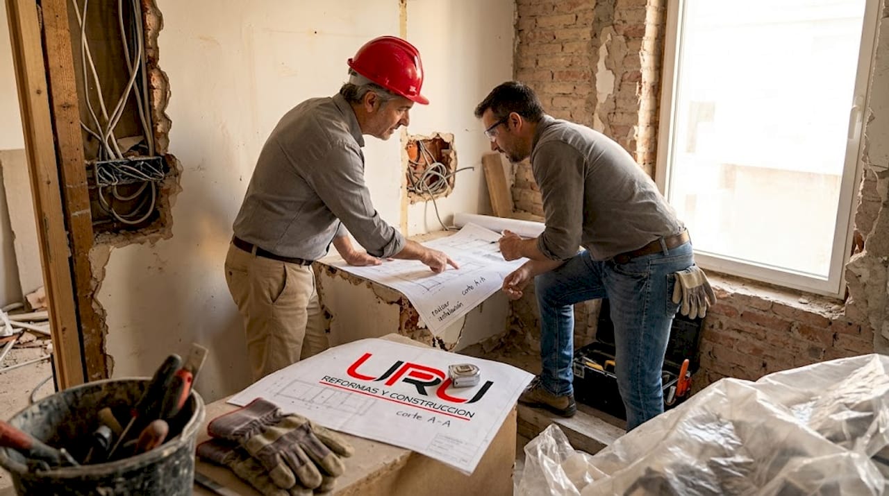 El arquitecto y el constructor revisan juntos el avance de las obras de reforma.