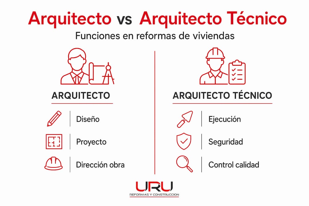 Infografía que muestra las diferencias entre las funciones del arquitecto y el arquitecto técnico