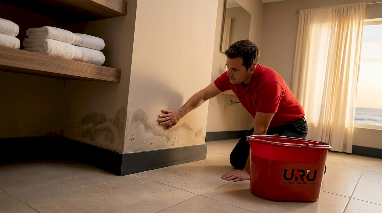 Persona revisando si hay humedad en la pared del baño de una casa cerca del mar