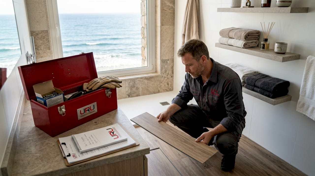 El instalador inspecciona los materiales en un baño junto al mar.