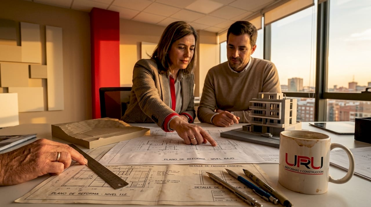 Expertos analizando proyectos de construcción y reformas para asegurar que todo esté en orden.