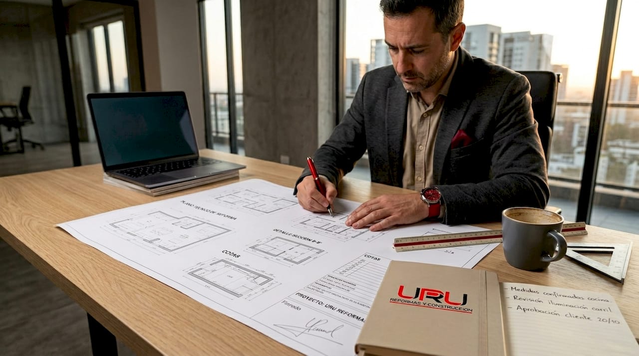 El arquitecto revisa y firma los planos técnicos del proyecto de construcción.