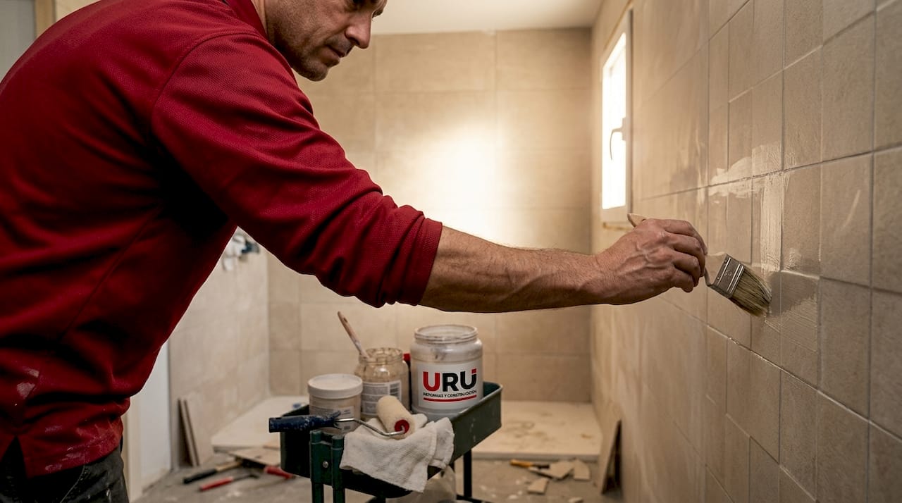 Especialista realizando trabajos de impermeabilización en el baño.
