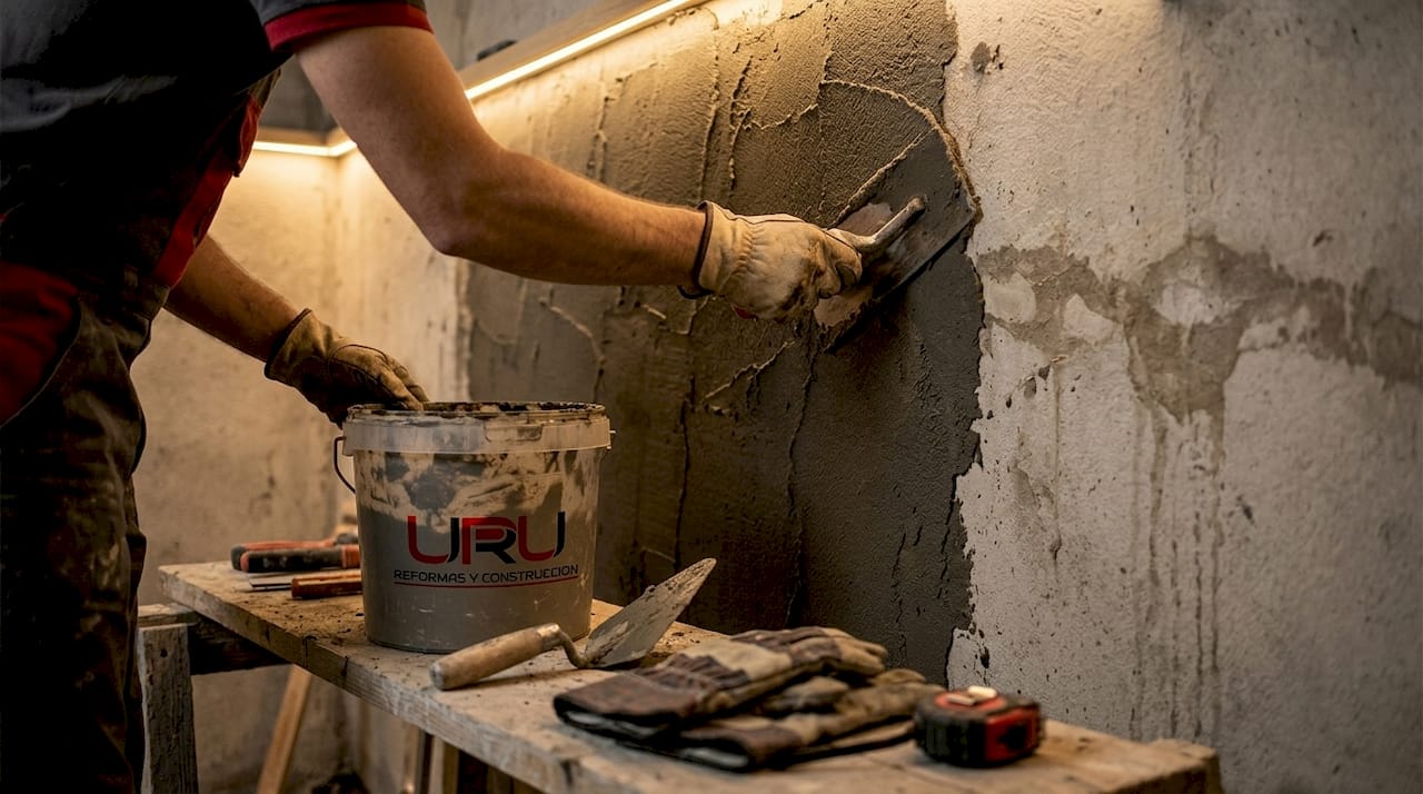 Aplicación de mortero impermeabilizante en una pared de sótano con las manos