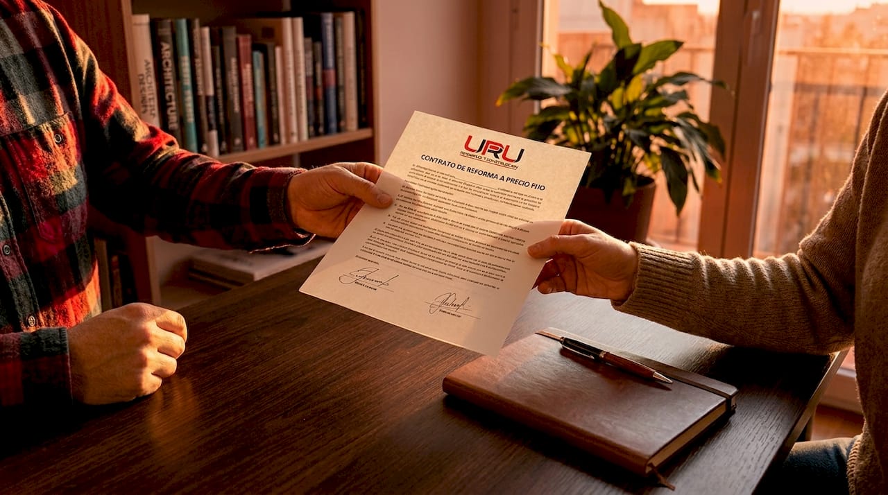 Dos personas intercambian un contrato de reforma con precio cerrado