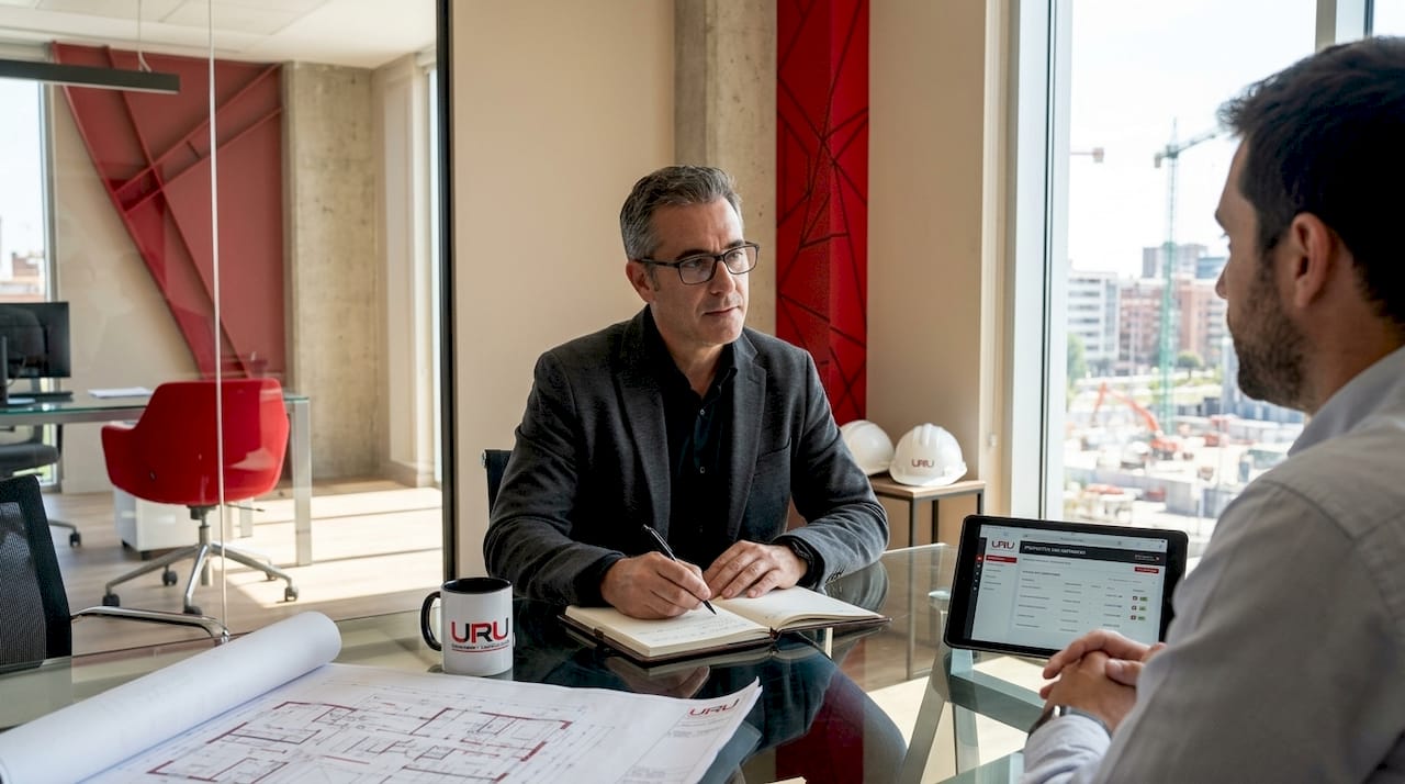 El director de obra participa en una reunión técnica con el equipo profesional