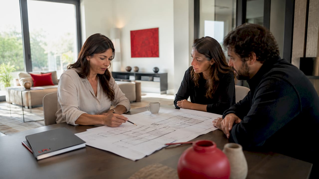 Una mujer analiza los planos para adaptar la cocina moderna y hacerla más accesible.