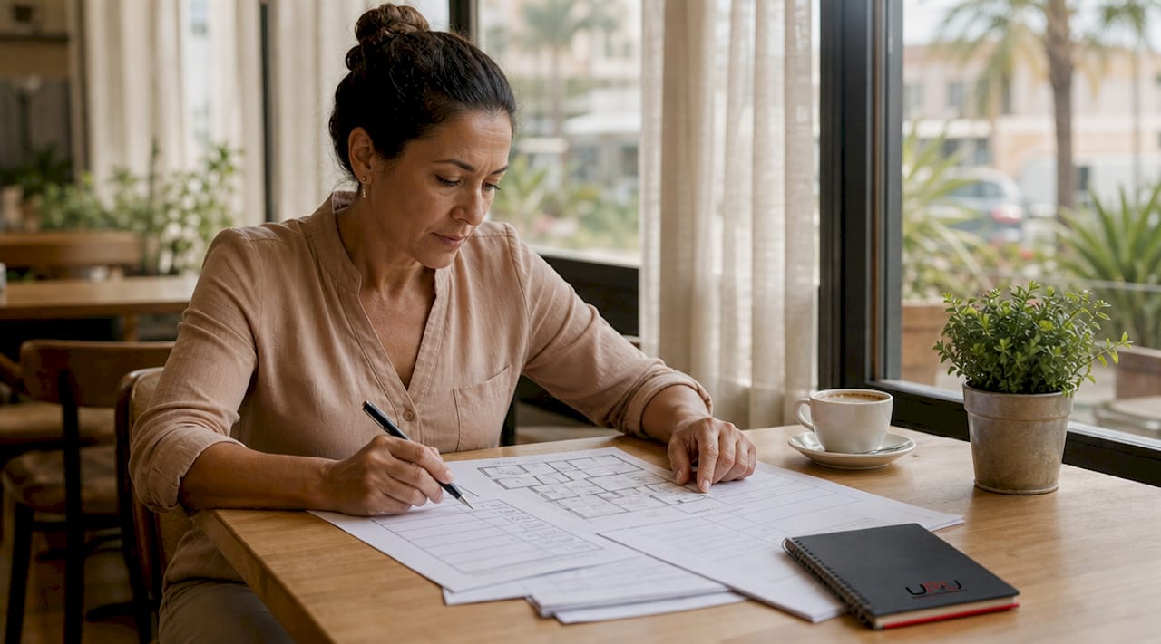 Mujer sentada en el suelo de su piso repasando la lista de tareas para la reforma.