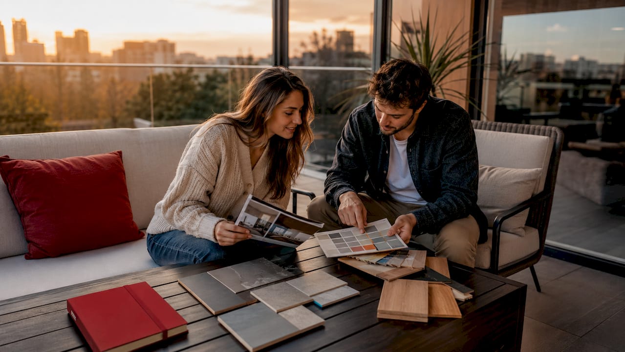 Una pareja conversa en el salón sobre las diferentes etapas de la reforma de su casa.