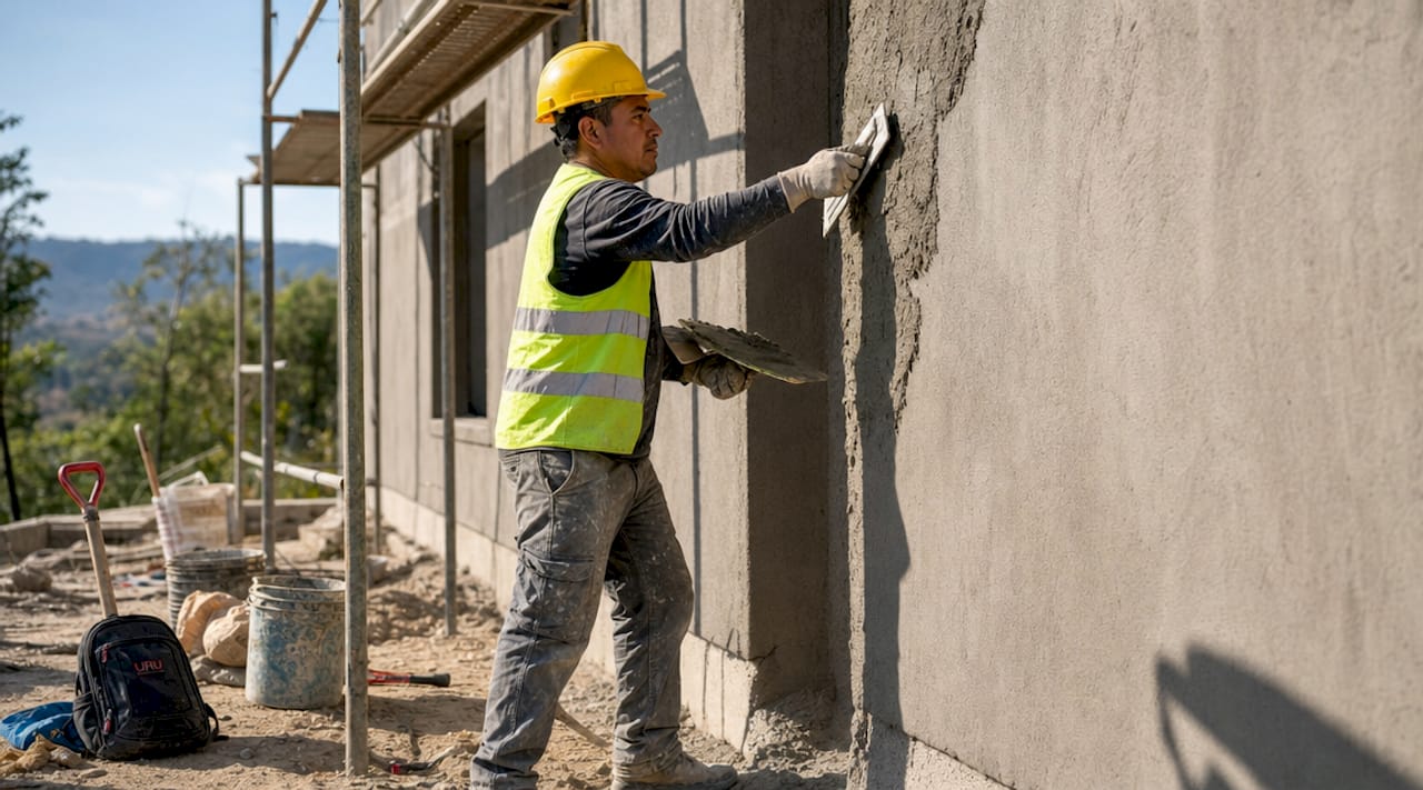 Trabajador colocando yeso en una pared interior