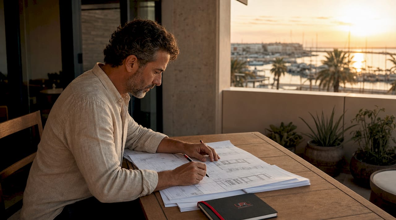Un arquitecto analiza detalladamente los planos antes de iniciar la obra.