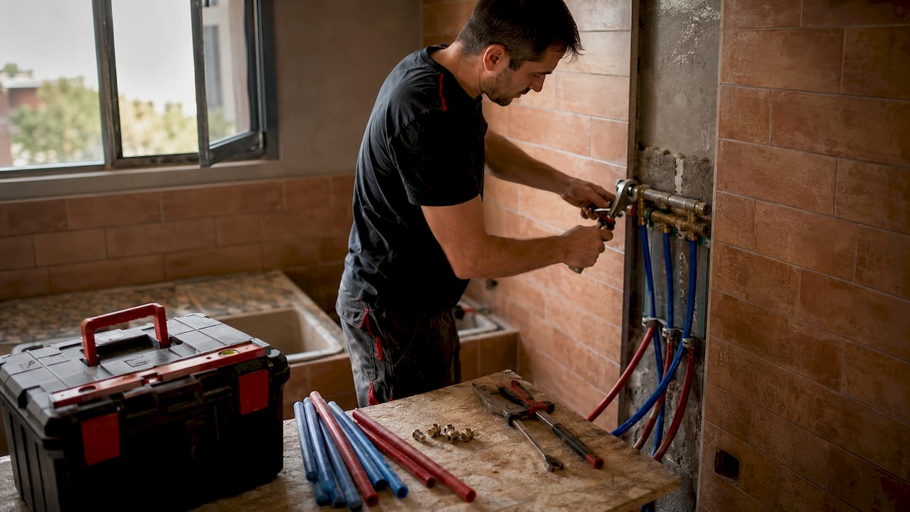 Un fontanero colocando tuberías PEX en el cuarto de baño