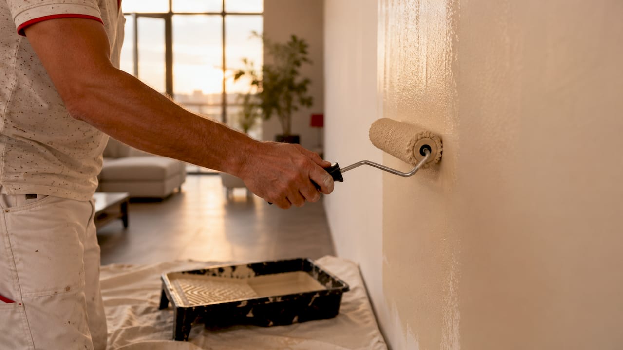Una persona pintando una pared interior con un rodillo