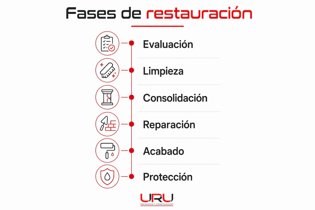 Infografía que detalla las etapas clave en el proceso de restauración de una vivienda