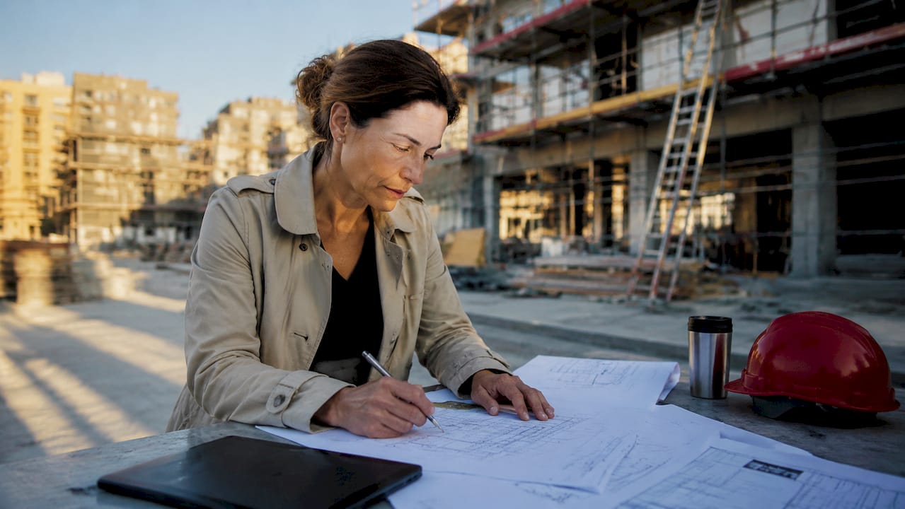Arquitecta revisa detenidamente los planos en la oficina técnica especializada en rehabilitación de edificios.