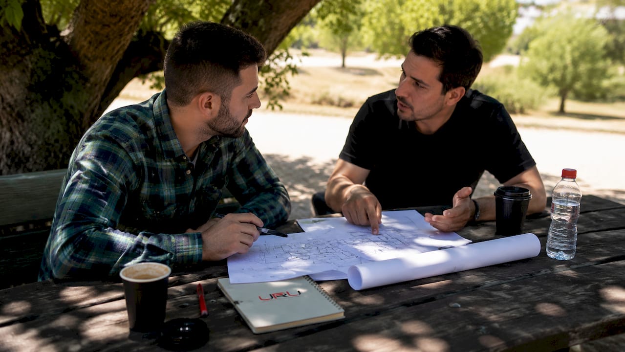 Dos hombres revisando planos de un proyecto inmobiliario mientras conversan en una cafetería