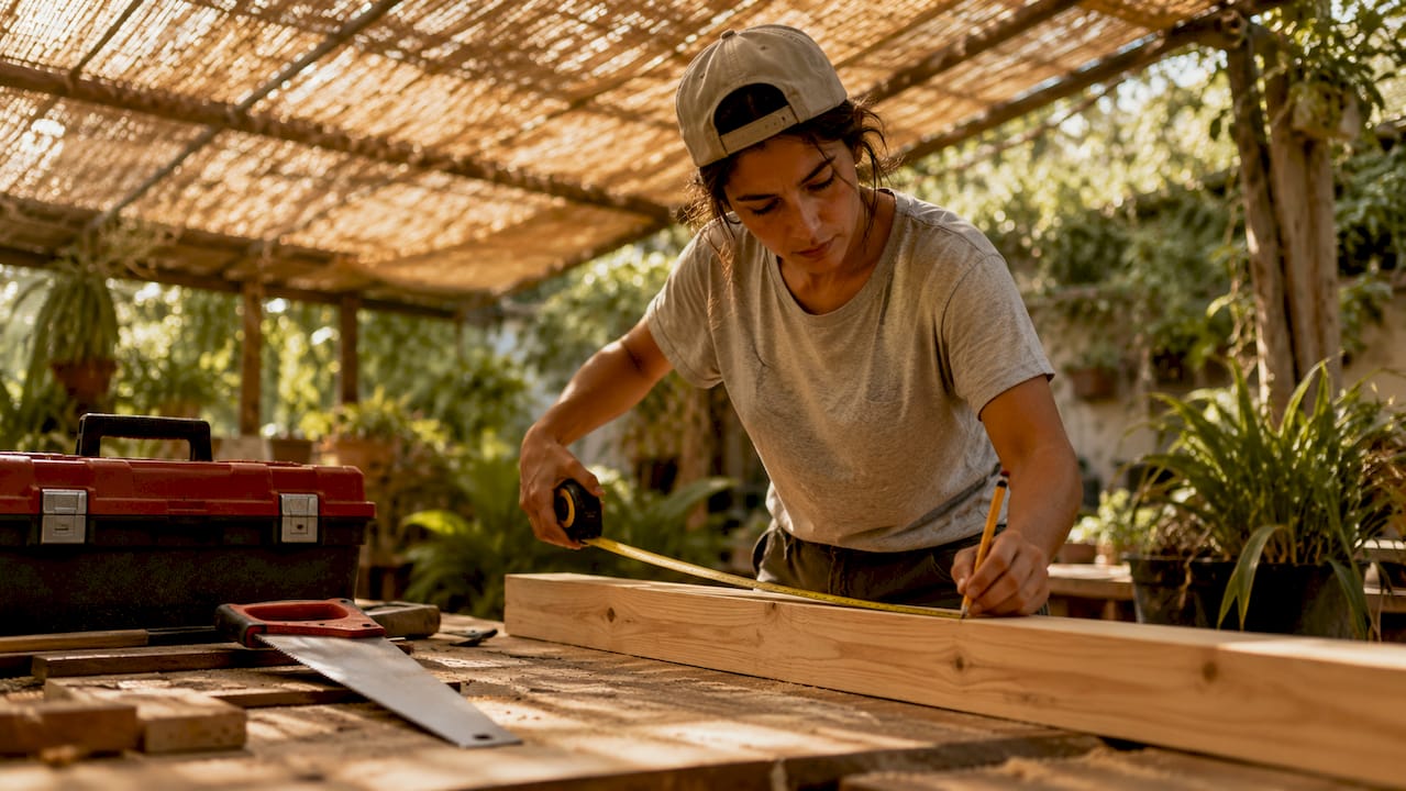 Una carpintera toma medidas a una tabla de madera mientras trabaja en la construcción.