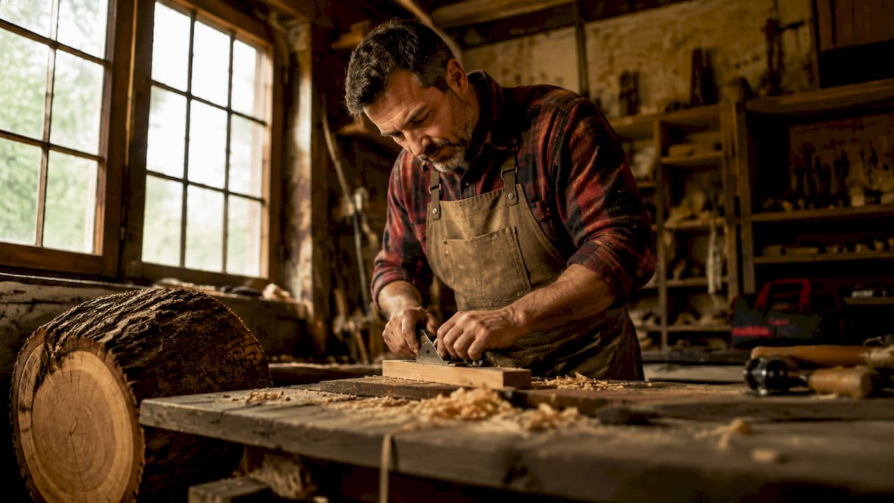 Un carpintero da forma a la madera en su taller, utilizando herramientas de toda la vida.