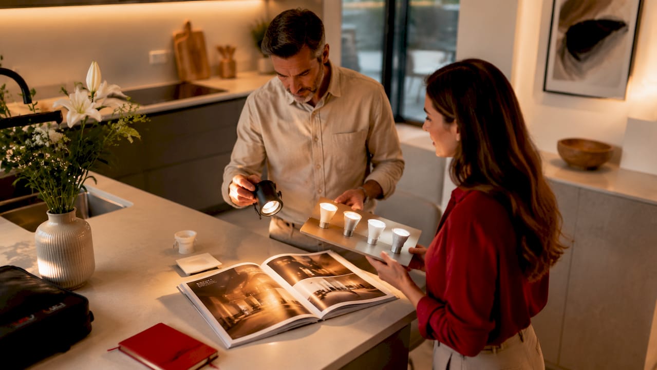 Una pareja observa y compara los diferentes tonos de luz LED en su cocina para elegir el que más les gusta.