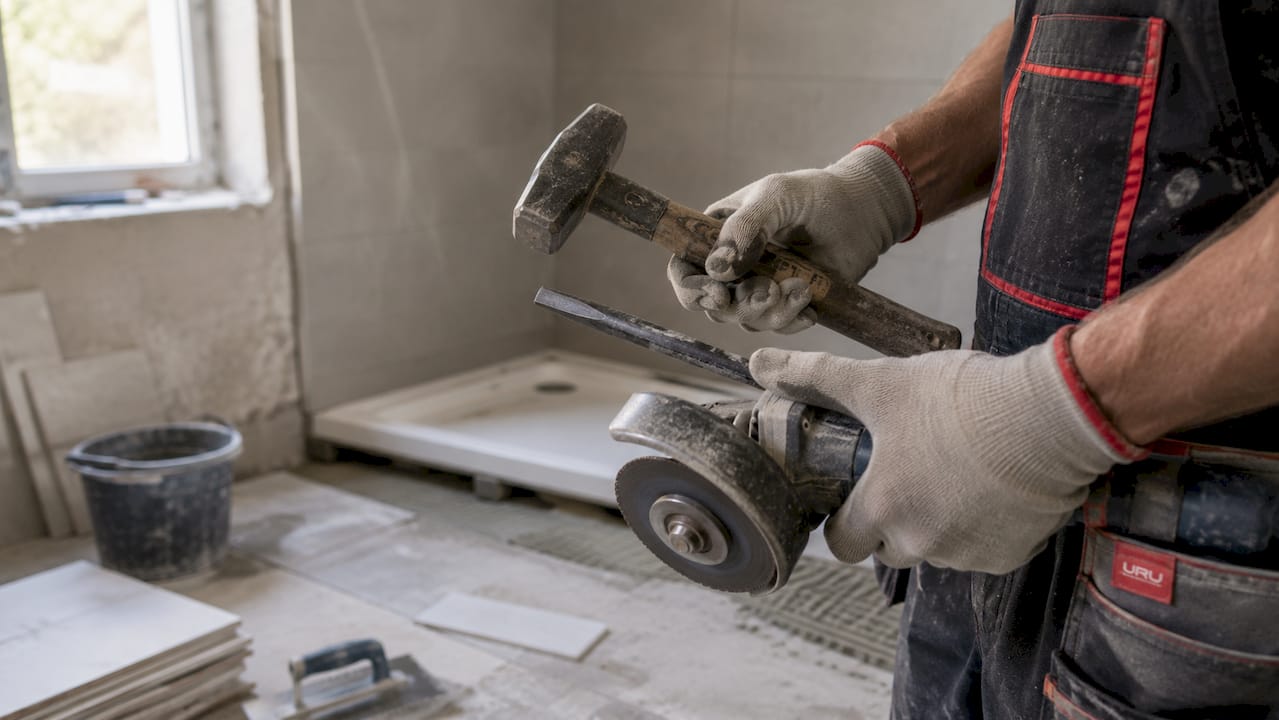 Preparando todo para la renovación de la ducha, herramientas en mano y listo para empezar.