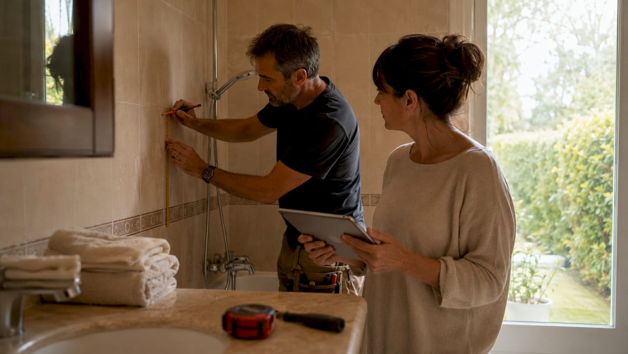 Una pareja revisa los detalles de la reforma del baño en su hogar.