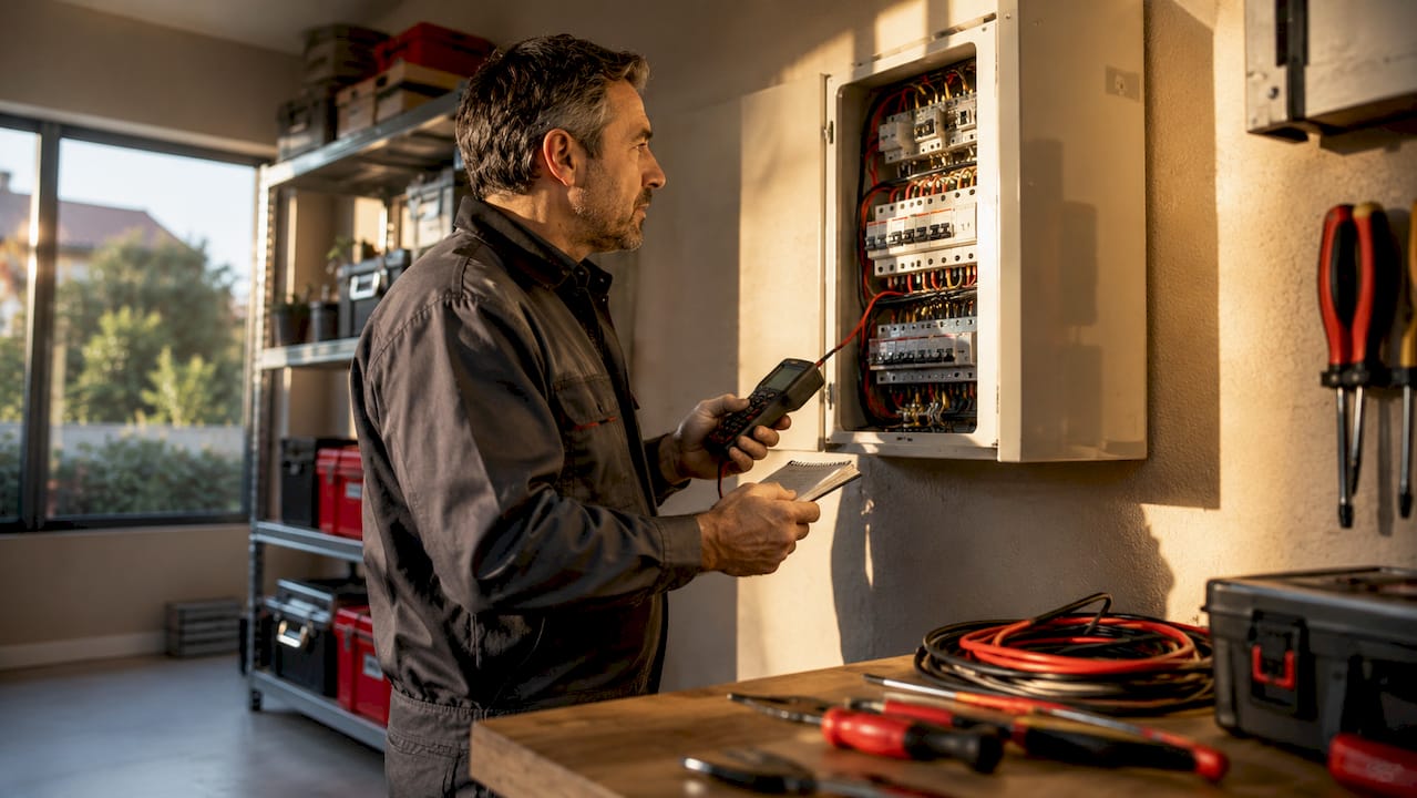 Un electricista revisa el cuadro eléctrico moderno de una vivienda.
