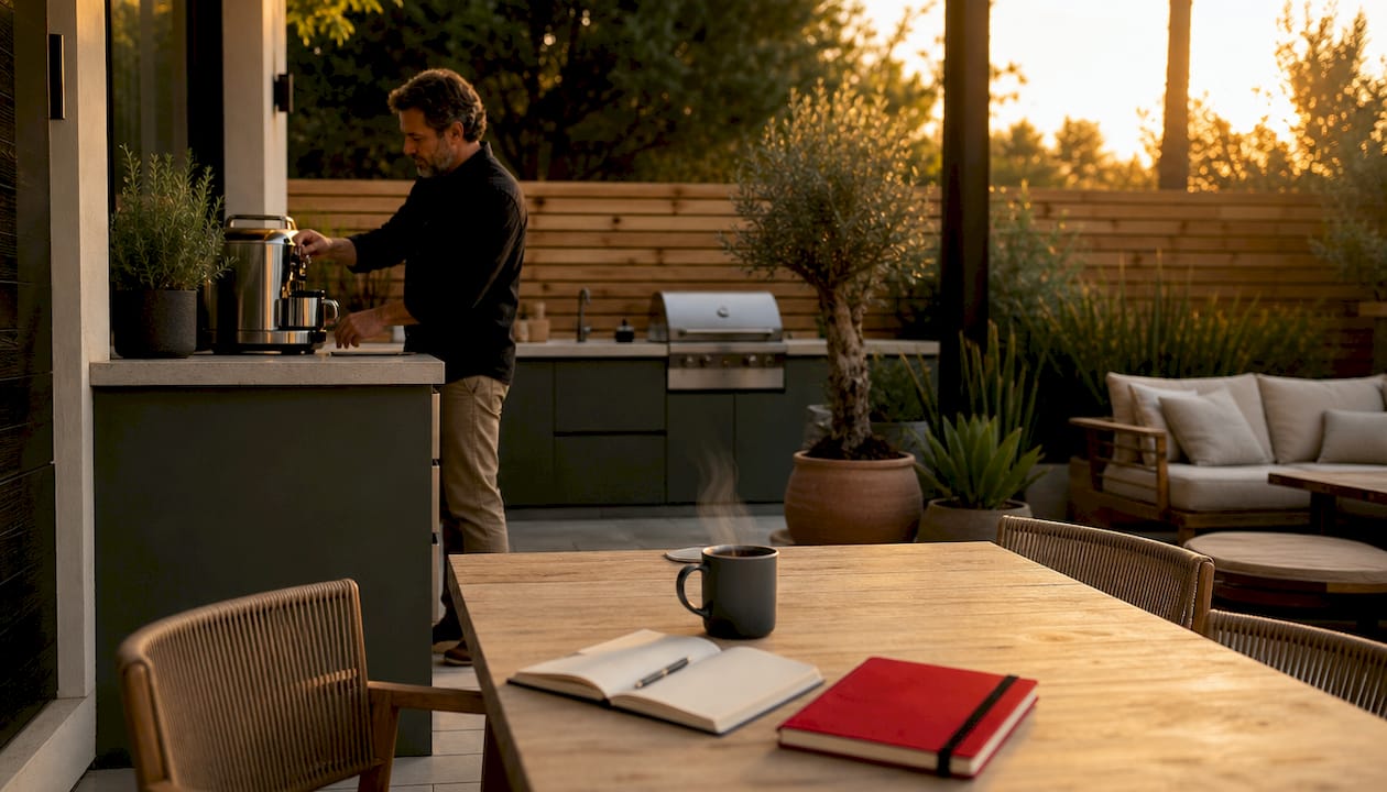 Un hombre disfruta de preparar café en una cocina de estilo minimalista y ambiente acogedor.