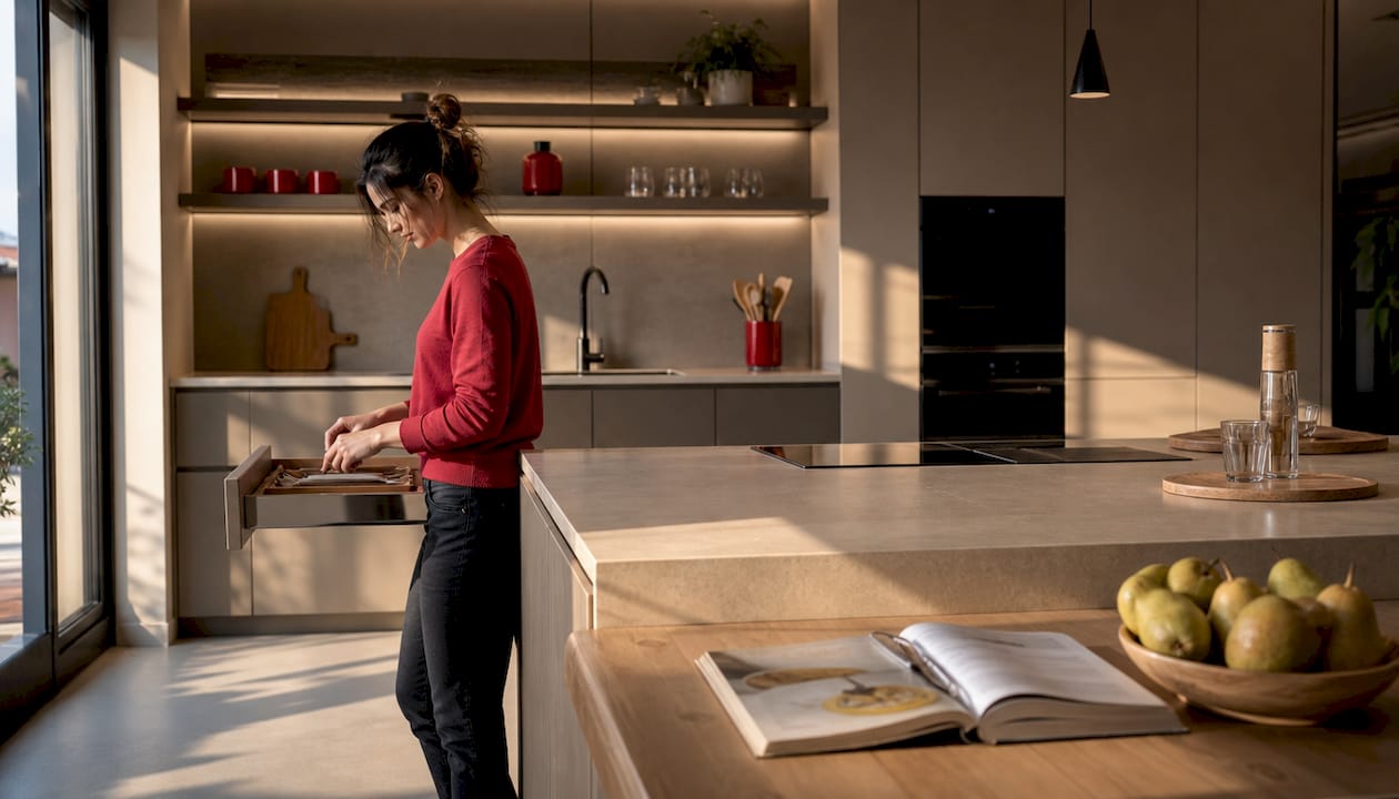 Una mujer ordena su cocina moderna y llena de luz, colocando cada cosa en su sitio para que todo quede perfecto.