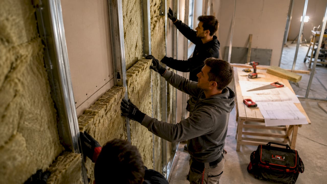 Colocación de lana mineral en una pared de una vivienda