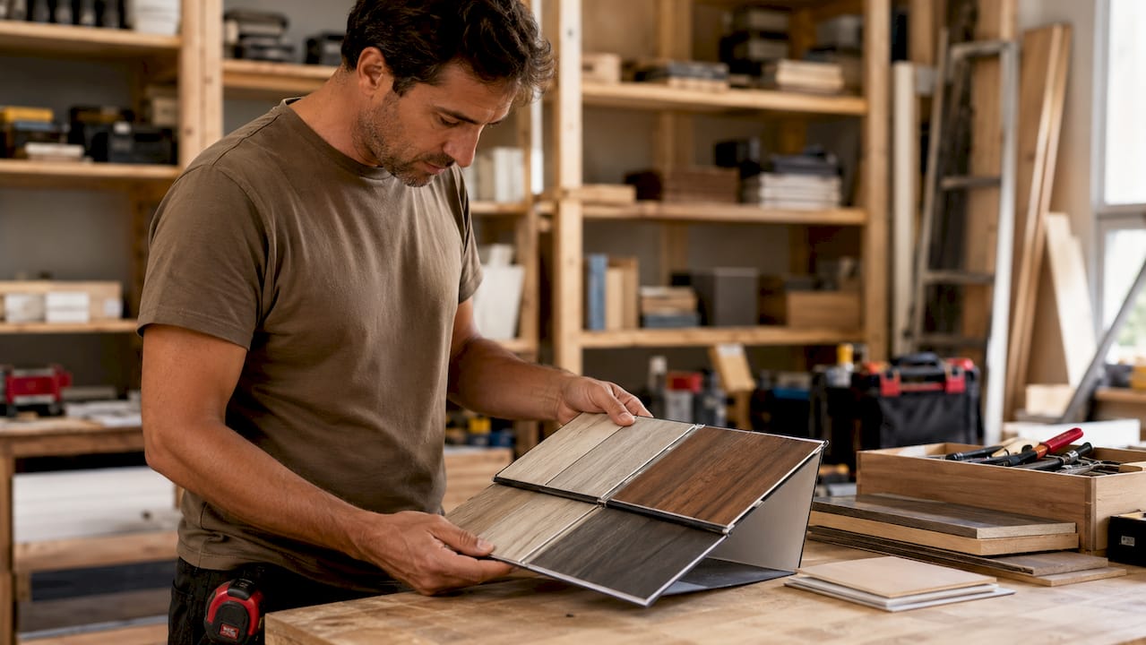Manos eligiendo diferentes tipos de suelos laminados