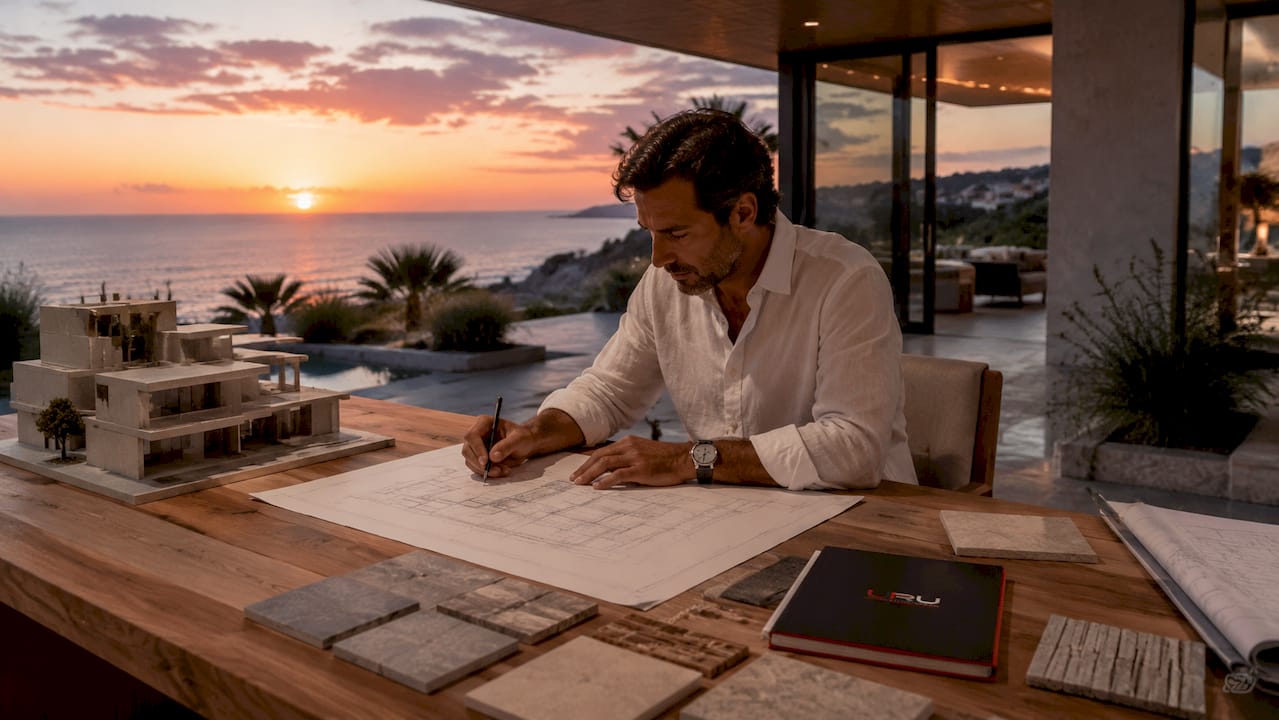 Arquitecto supervisando los planos para una reforma completa