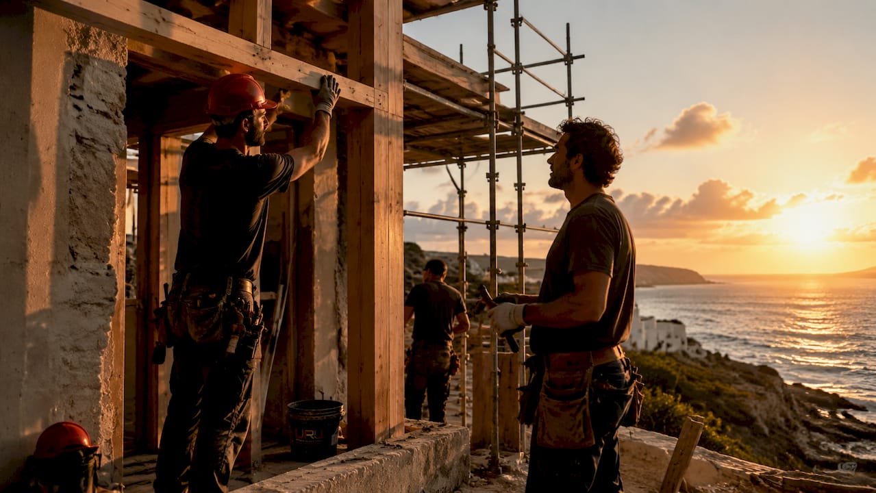 Trabajadores realizan obras de remodelación en una casa ubicada cerca de la playa.
