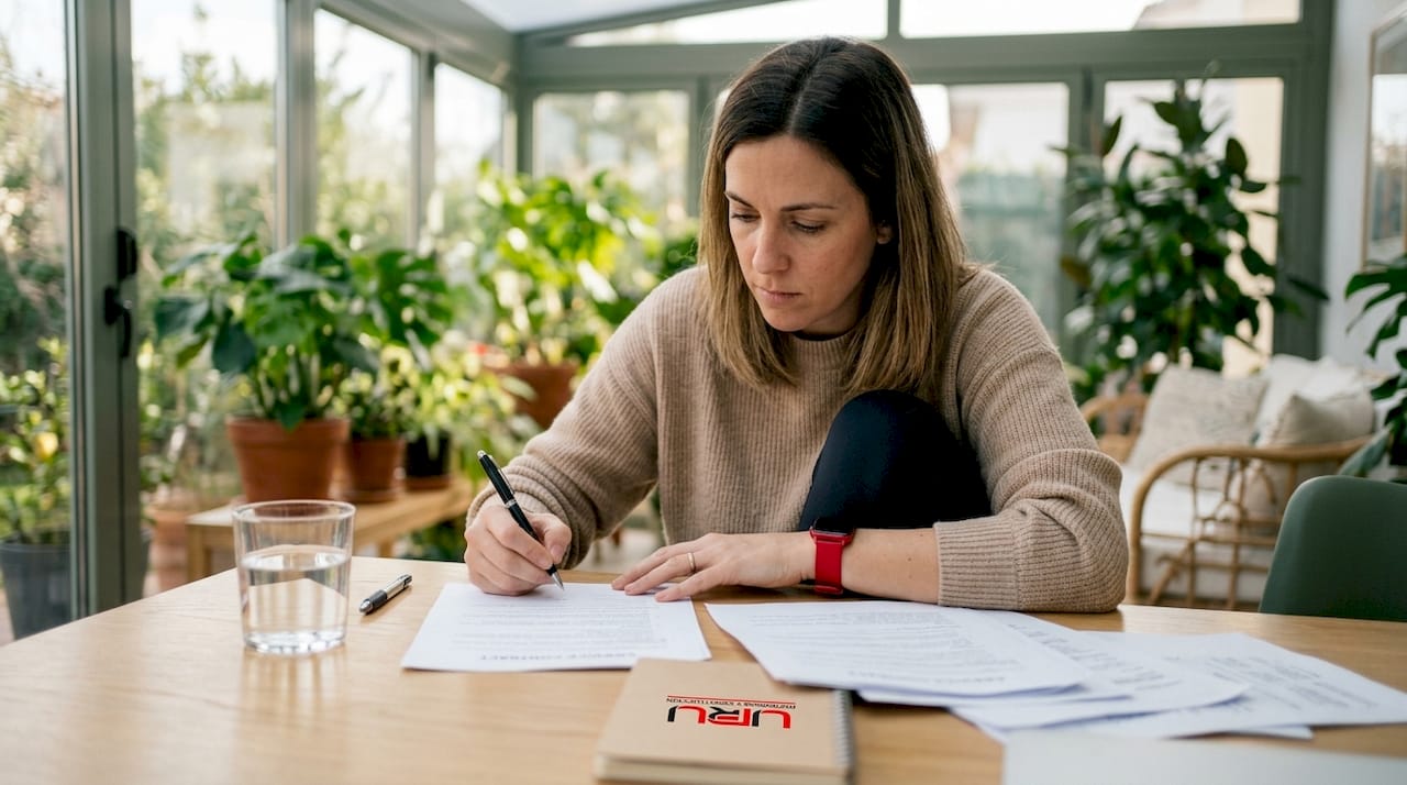 Dueña de vivienda revisando el contrato de garantía en su hogar