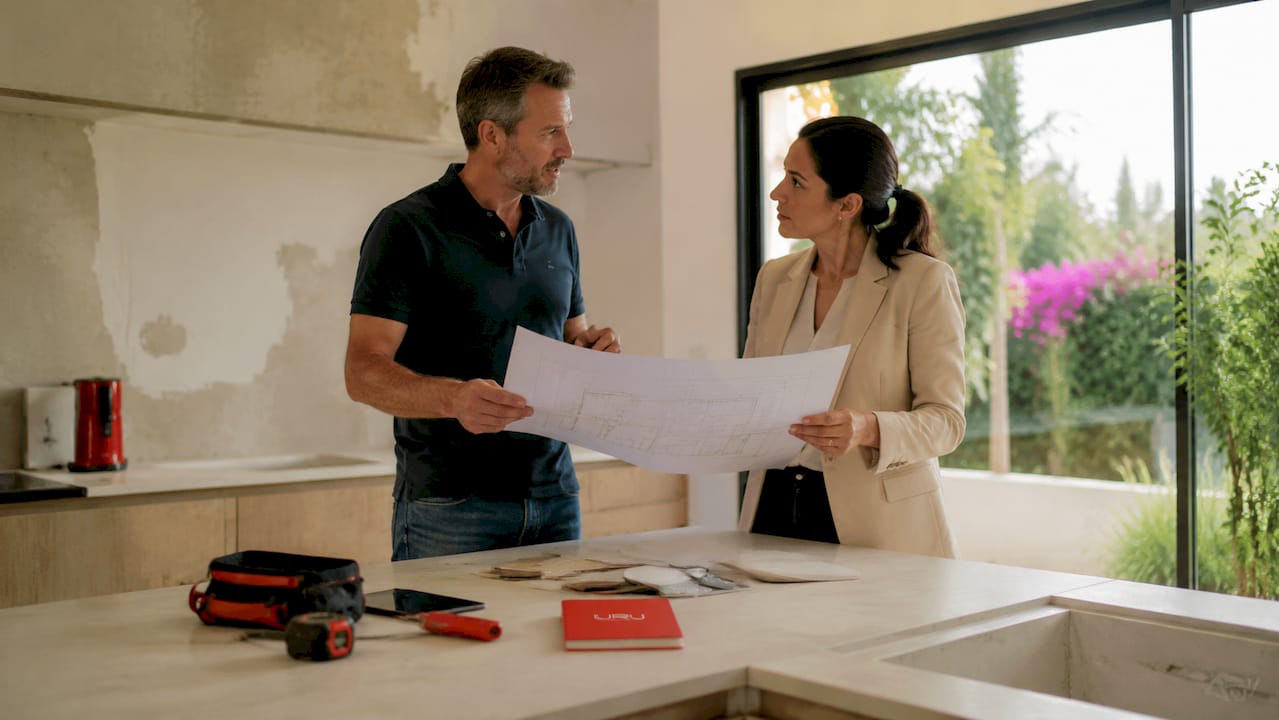 El dueño de la vivienda y la arquitecta analizan juntos los planos para la reforma.