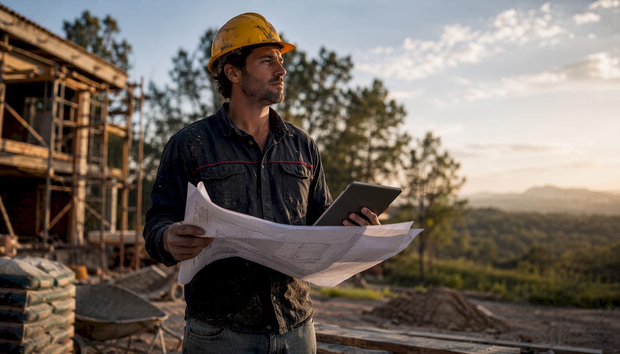 Un técnico revisa los planos mientras supervisa el avance de la obra