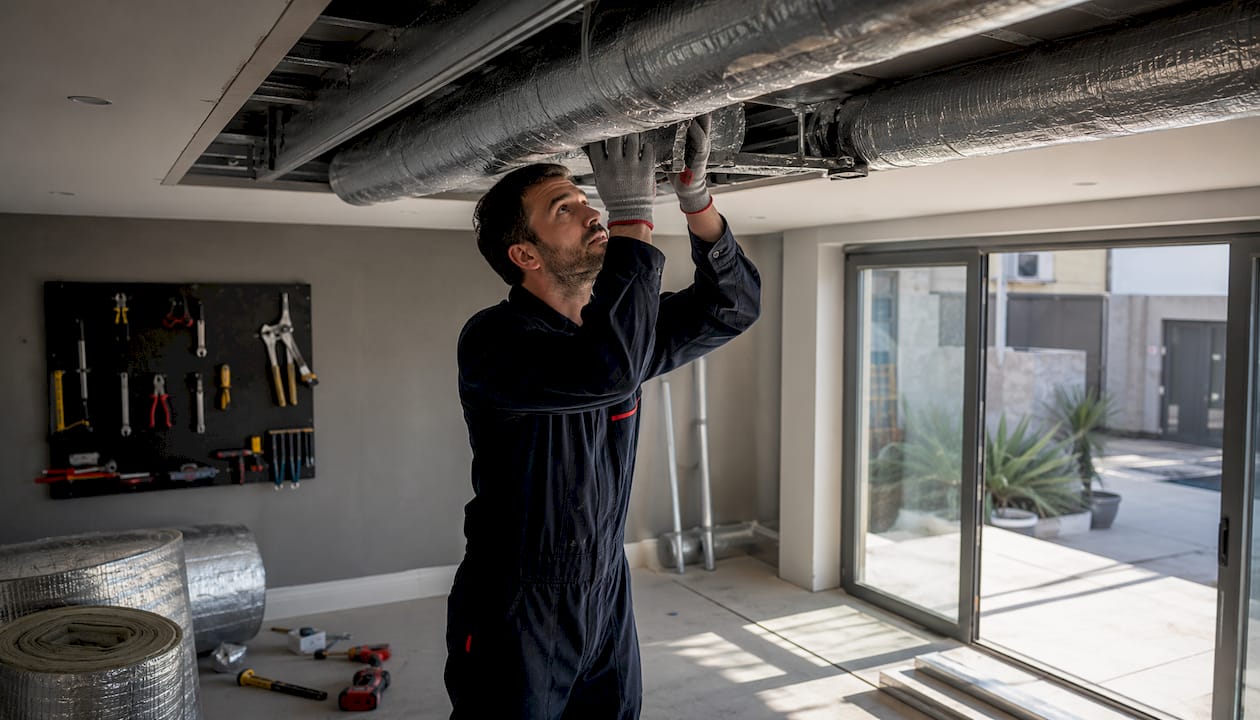 Profesional instalando aislamiento en los conductos del techo falso
