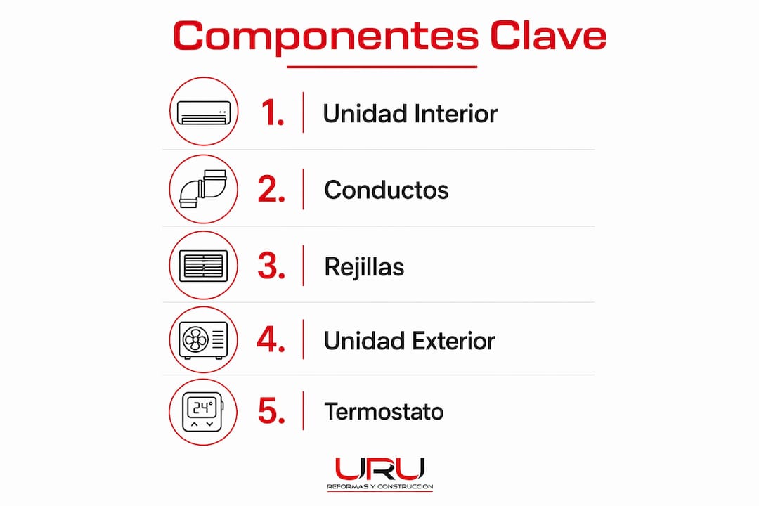 Infografía sobre los elementos clave de un sistema de aire acondicionado por conductos