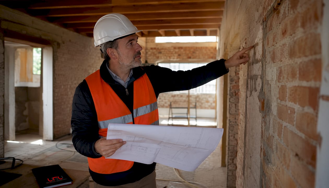 El arquitecto revisa el estado del muro antes de iniciar la reforma.