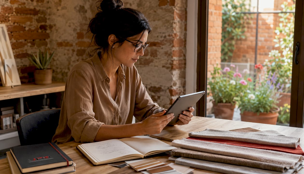 Mujer revisando muestras en casa con su tablet