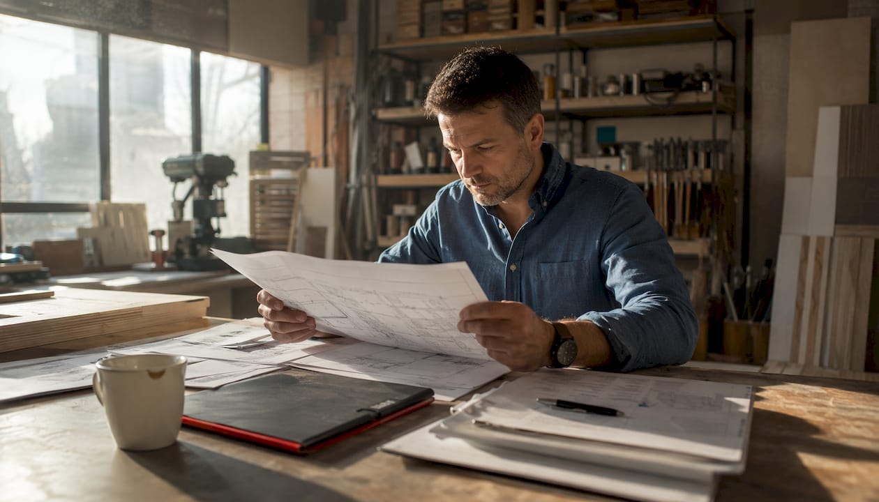 Experto en reformas revisando los planos de la vivienda desde casa
