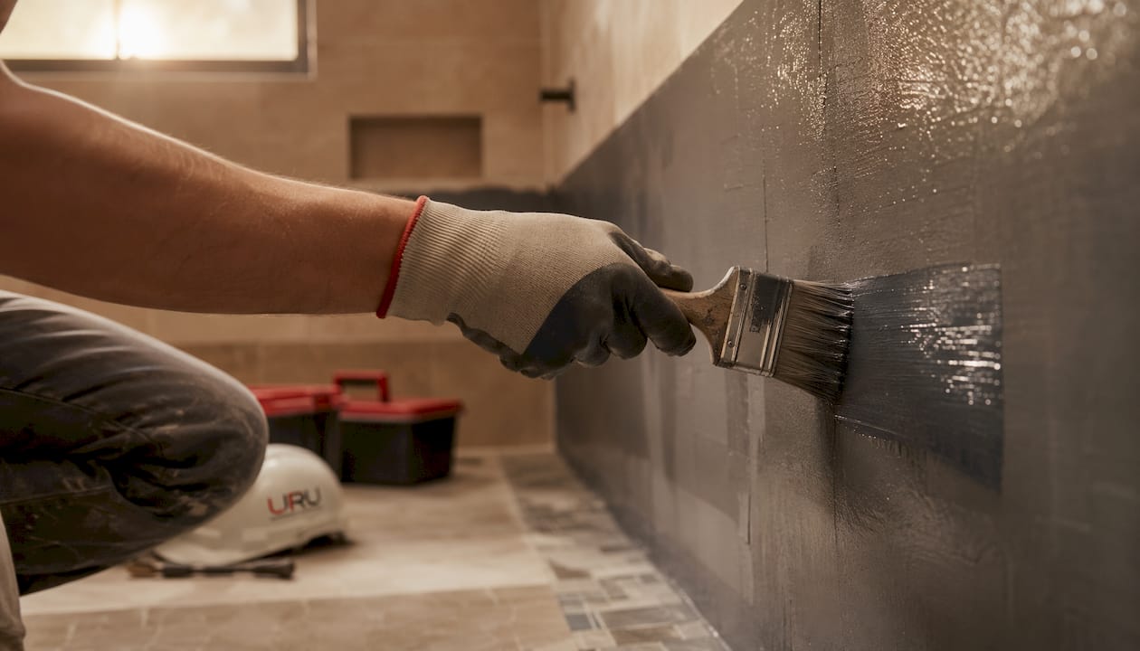 Aplicando impermeabilizante en las paredes de la ducha con las manos