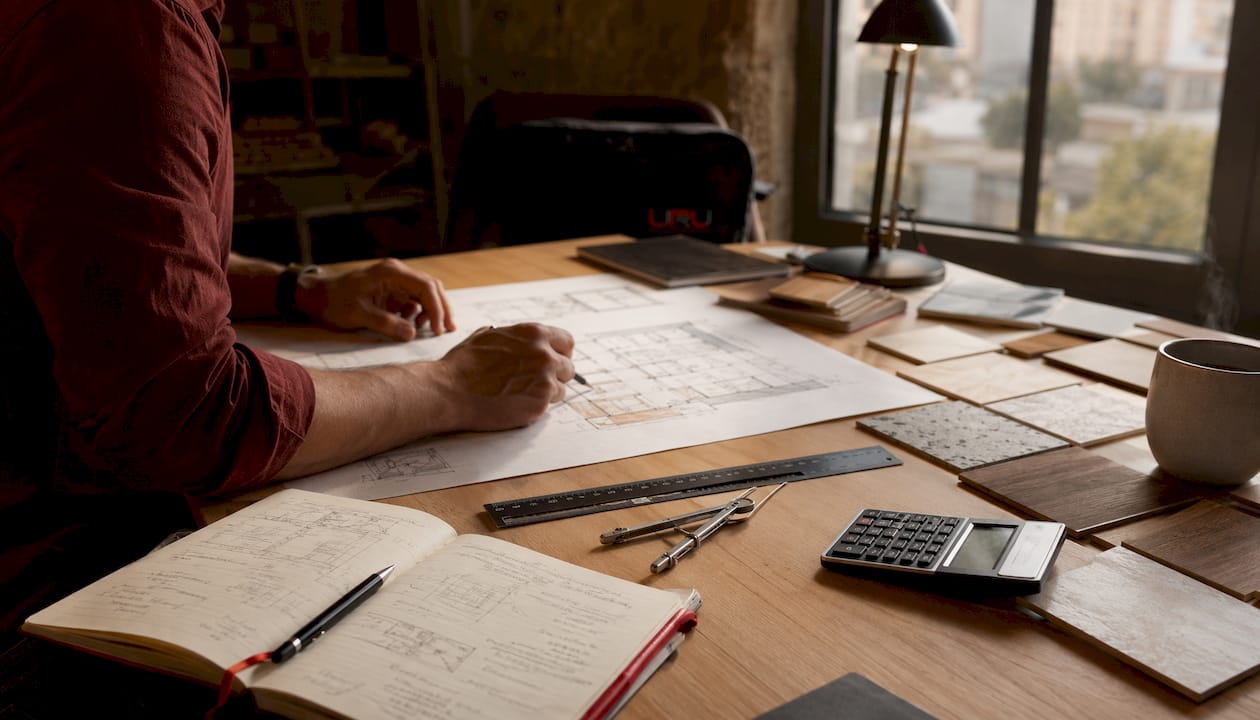Un interiorista trabajando en los planos técnicos, dando forma a cada detalle con sus propias manos.