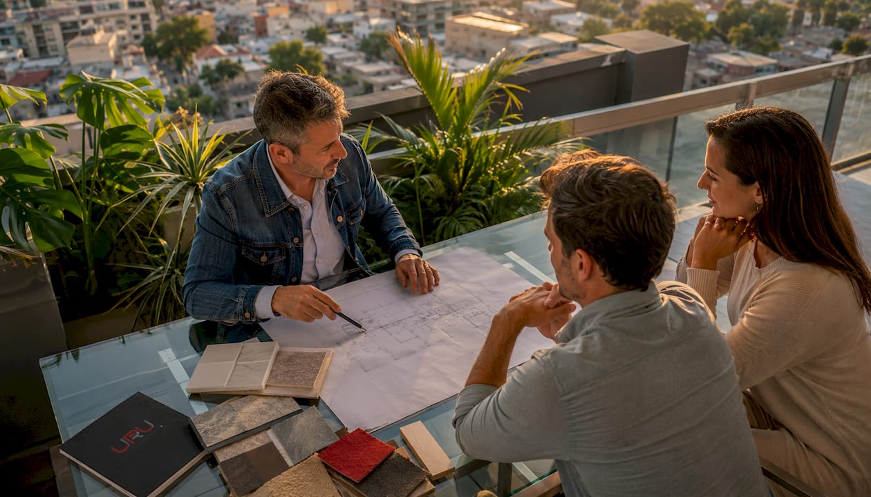 Diseñador de interiores atendiendo una reunión con clientes en su despacho