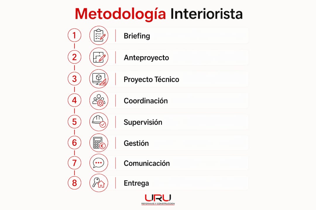 Infografía sobre las etapas clave que sigue un interiorista al afrontar una reforma