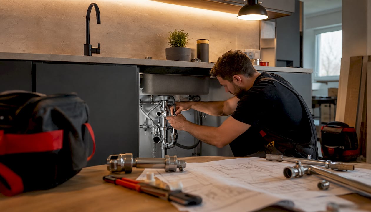 Reforma de la instalación de agua en la cocina con un fontanero realizando los trabajos