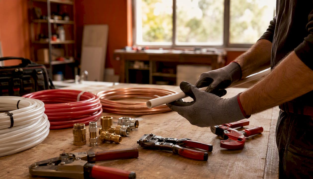 Manos trabajando con tuberías de PEX, multicapa y cobre en el taller